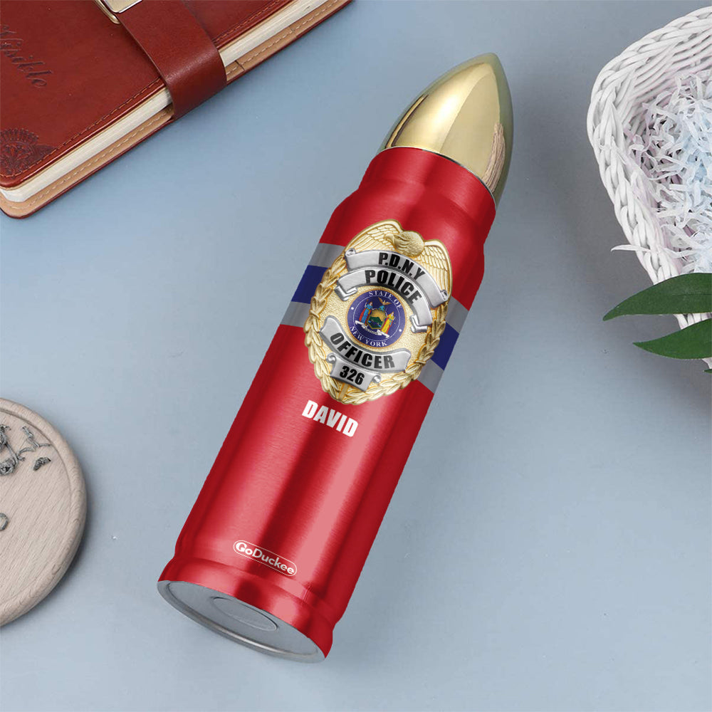 Police Bullet Tumbler - Custom State Seal Badge - Thin Blue Line Background - Water Bottles - GoDuckee