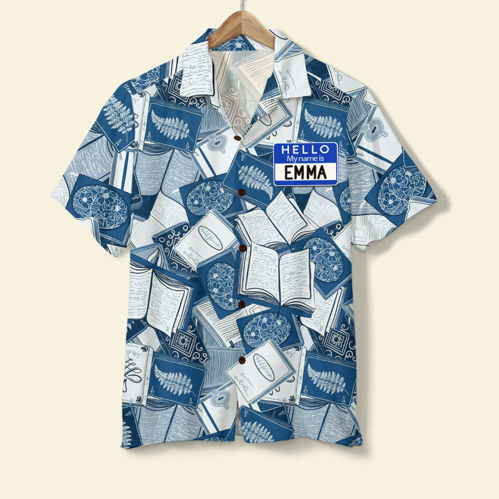 Personalized Book Lover Hawaiian Shirt - Hello My Name Is - Blue Books Pattern - Hawaiian Shirts - GoDuckee