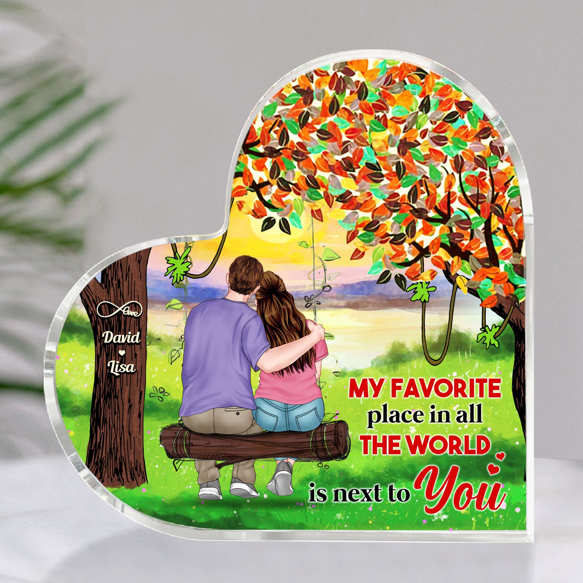 Our Favorite Place In All The World, Personalized Heart Shaped Acrylic Plaque, Gifts For Couple - Decorative Plaques - GoDuckee