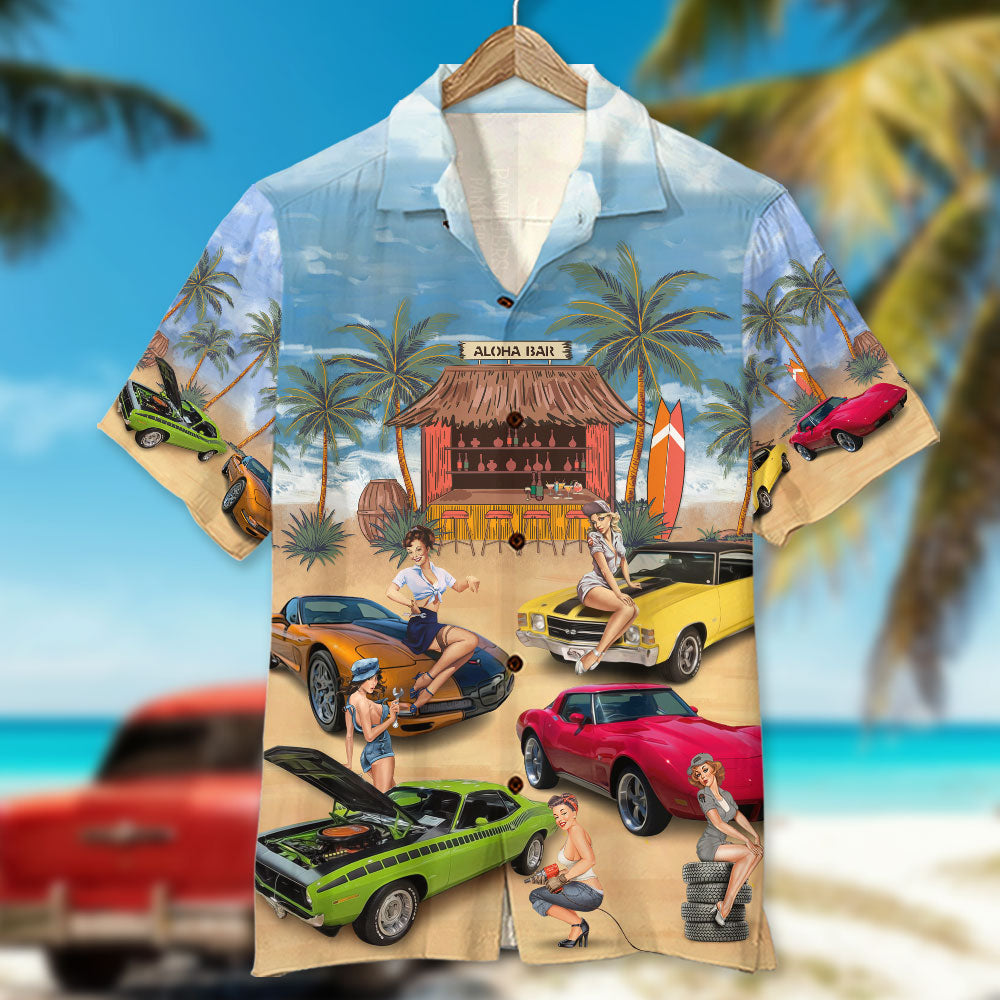 Custom Muscle Car Photo Hawaiian Shirt, Sexy Girls Sitting On Cars