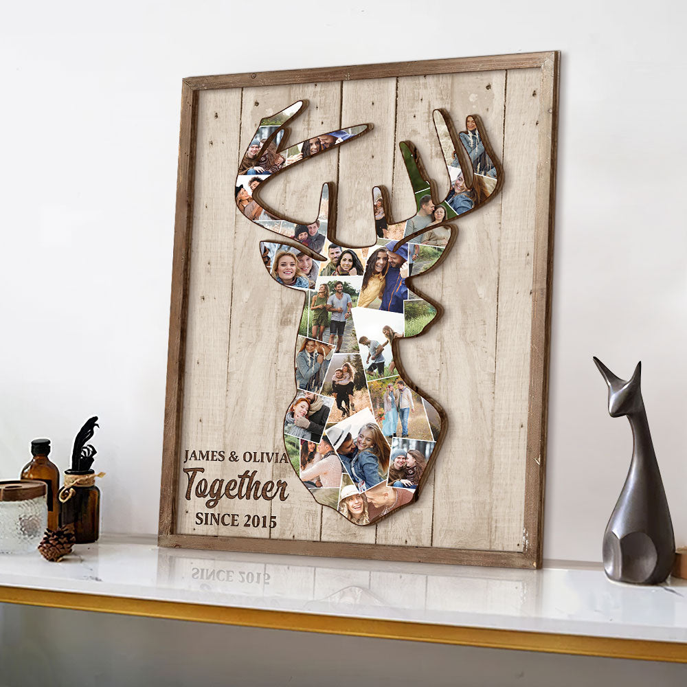 Custom Deer Couple Photo Wood Sign, Gift For Couple - Wood Sign - GoDuckee