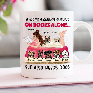 A Woman Cannot Survive On Books Alone, Girl Reading Book Dog White Mug - Coffee Mug - GoDuckee