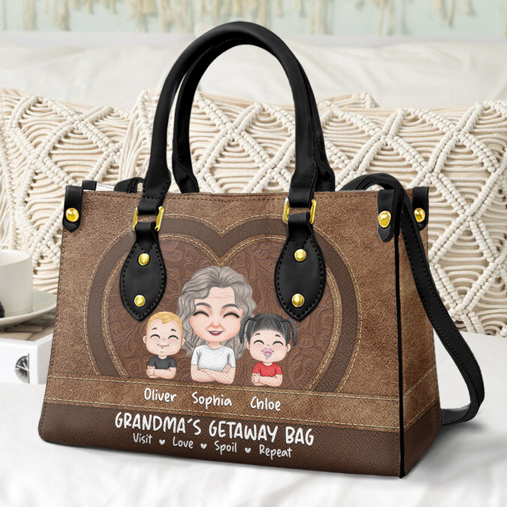 Grandma And Little Grandkids Leather Bag, Personalized Leather Bag, Mother's Day Gift, Gift For Grandma - Leather Bag - GoDuckee