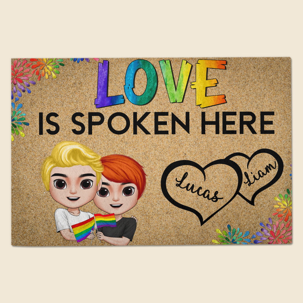 Love Is Spoken Here Personalized LGBT Couple Door Mat Gift For Couple - Doormat - GoDuckee