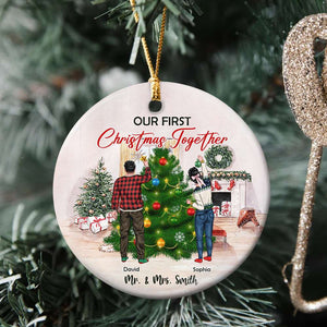 Our First Christmas Together, Personalized Circle Ceramic Ornament Gift For Couples - Ornament - GoDuckee