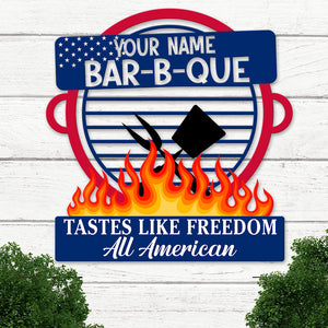 Bar B Que Tastes Like Freedom Personalized Grill Metal Sign, Gift For Independence Day - Metal Wall Art - GoDuckee