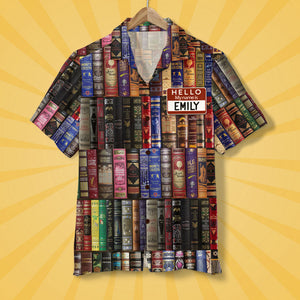 Personalized Book Lover Hawaiian Shirt - Hello My Name Is - book spine pattern - Hawaiian Shirts - GoDuckee