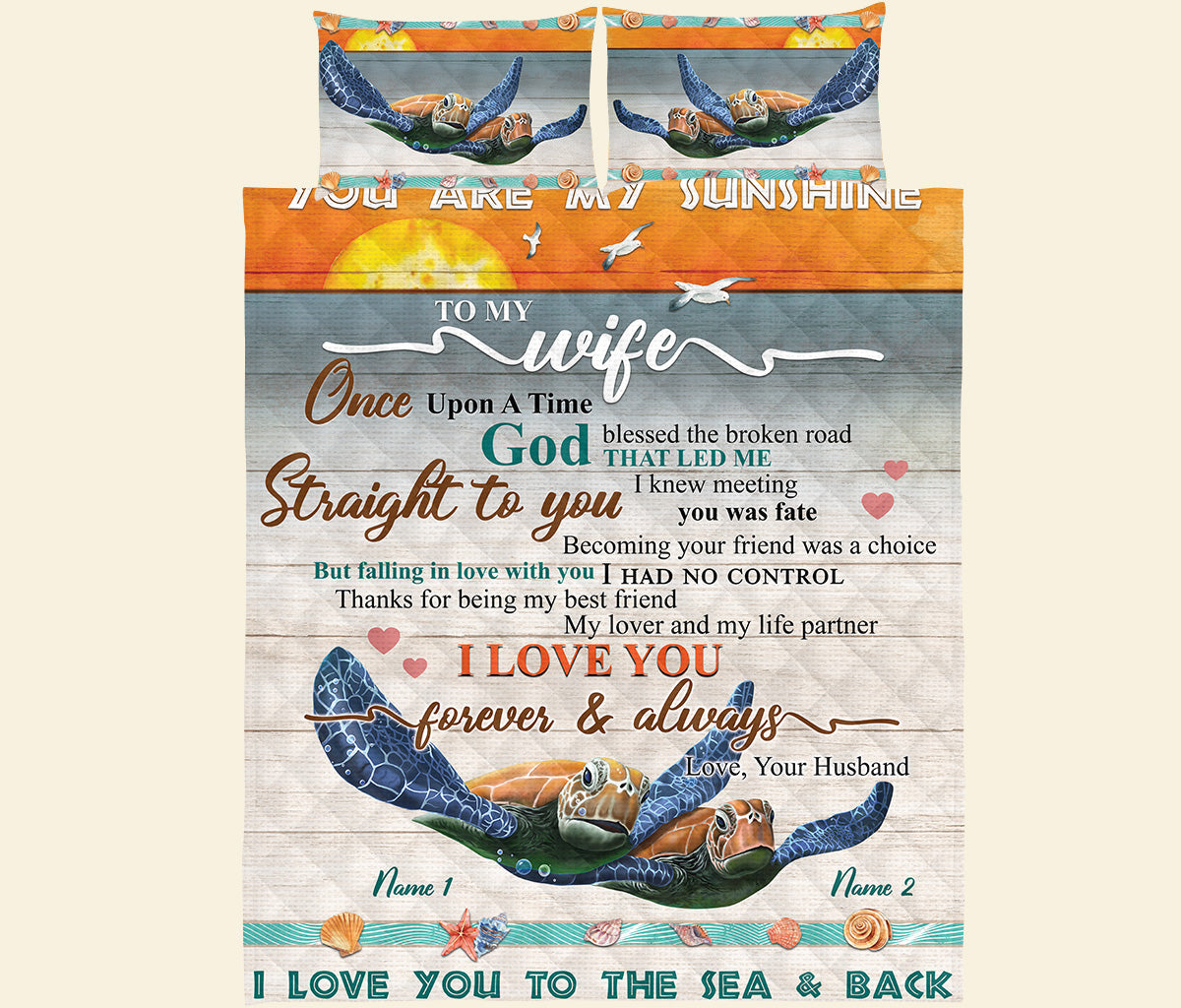 Turtle Couple Love You To The Sea and Back - Personalized Quilt Bed Set - Gift for Her - Blanket - GoDuckee