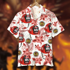 Custom Firefighter Logo Hawaiian Shirt, Aloha Shirt, Red Flower Pattern, Gift For Firefighter - Hawaiian Shirts - GoDuckee