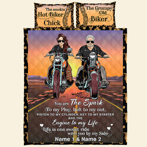 Biker Couple Engine To My Life - Personalized Quilt Bed Set - Gift for Him/Her - Front Cool Biker Couple - Blanket - GoDuckee
