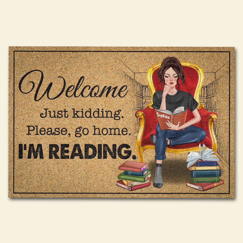 Personalized Book Door Mat - Welcome Just Kidding Please Go Home I'm Reading - Reading Girl - Doormat - GoDuckee