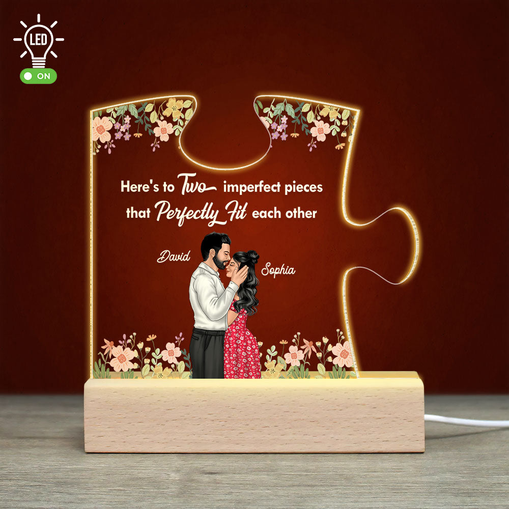 Here's To Two Imperfect Pieces That Perfectly Fit Each Other - Personalized Couple Led Light - Gift For Couple - Led Night Light - GoDuckee