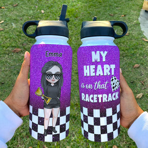 Personalized Dirt Track Racing Mom Water Bottle - My Heart Is On That Racetrack - chibi racing girl - Water Bottles - GoDuckee