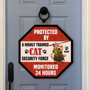Protected By A Highly Trained Cat Personalized Cat Wood Sign Gift For Cat Lovers - Wood Sign - GoDuckee