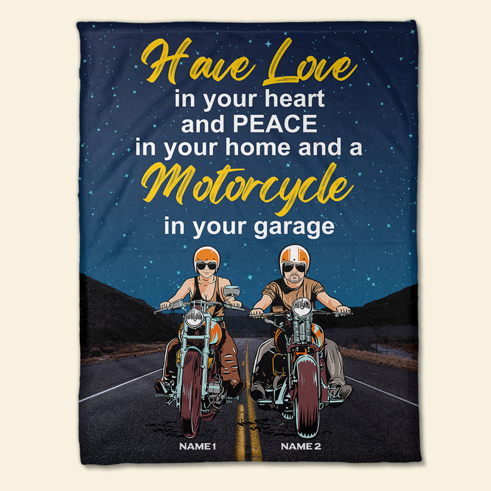 Personalized Biker Couple Blanket - Love In Your Heart Peace In Your Home - Blanket - GoDuckee