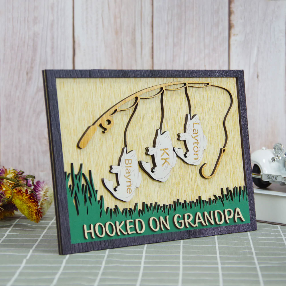 Fishing Hooked On Grandpa Personalized Layered Wood Sign Stand Gift For Family - Wood Sign - GoDuckee
