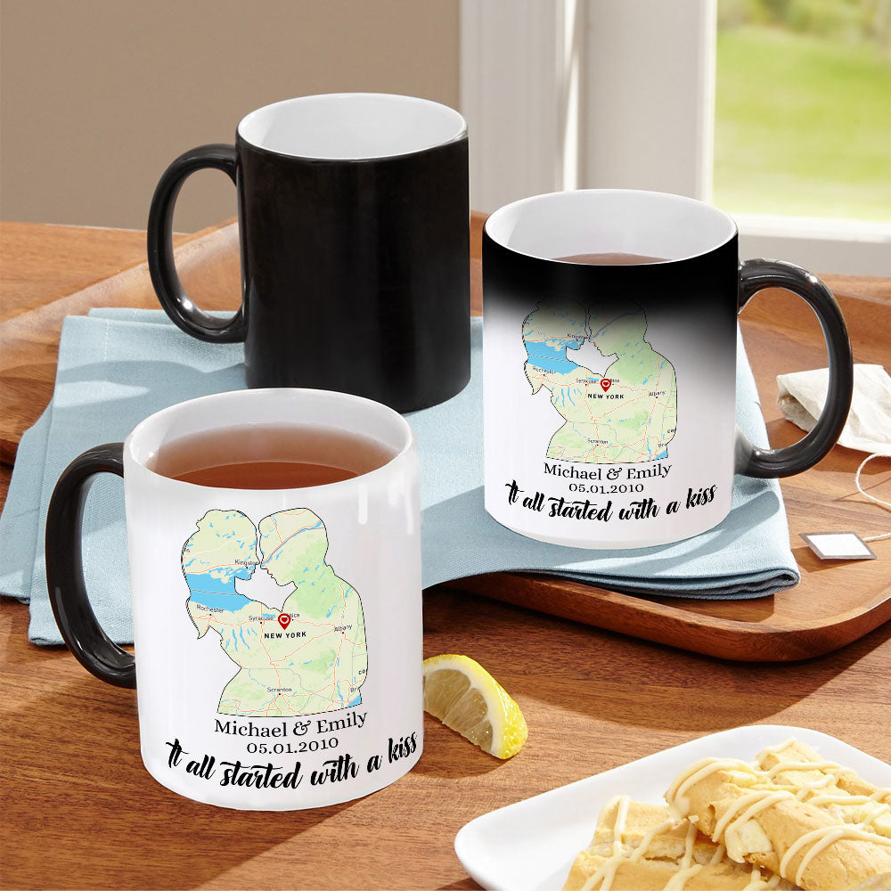 It All Started With A Kiss Custom Map Couple Mug, Gift For Couple - Coffee Mug - GoDuckee