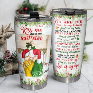 Kiss Me Under The Mistletoe, Kissing Couple Personalized Tumbler - Tumbler Cup - GoDuckee