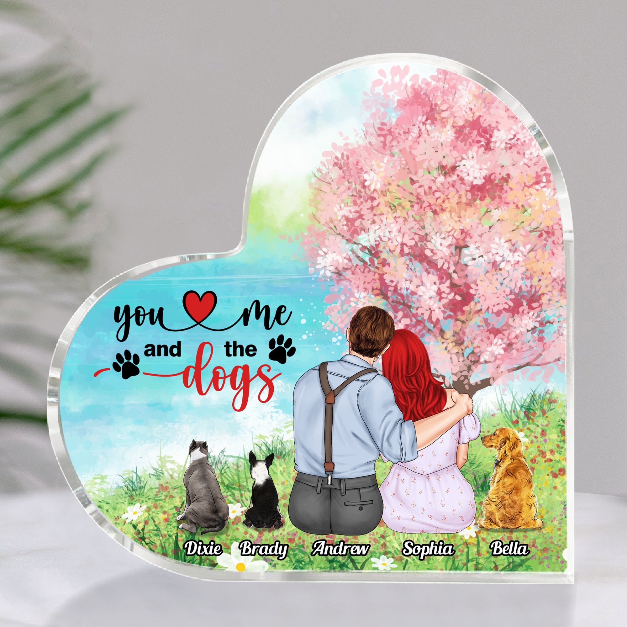 You And Me And The Dogs Personalized Heart Shaped Acrylic Plaque, Couple Gift - Decorative Plaques - GoDuckee