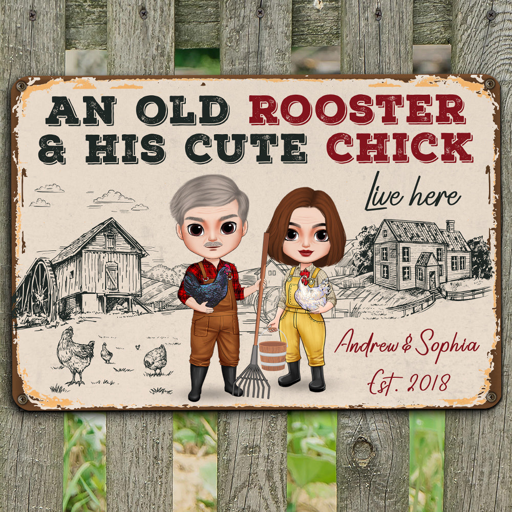 An Old Rooster And His Cute Chick Personalized Personalized Farmer Metal Sign - Metal Wall Art - GoDuckee