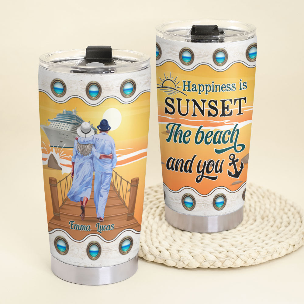 Happiness Is Sunset The Beach And You Personalized Old Couple Tumbler Gift For Couple - Tumbler Cup - GoDuckee