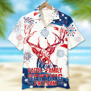 Independence Day Faith Family Hunting Freedom Hawaiian Shirt Gift For Him - Hawaiian Shirts - GoDuckee