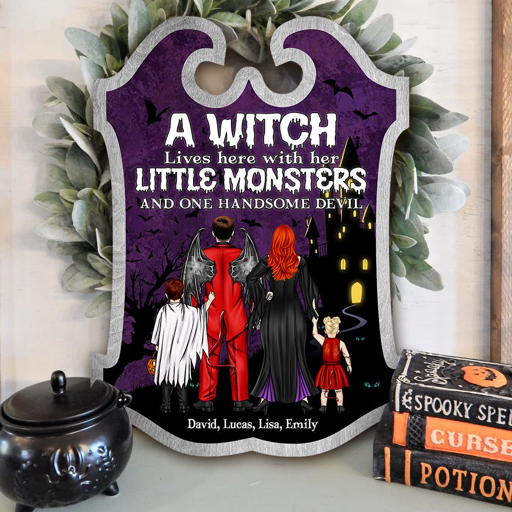 Personalized Horror Family Wood Sign, Witch, Her Little Monsters and One Handsome Devil - Wood Sign - GoDuckee