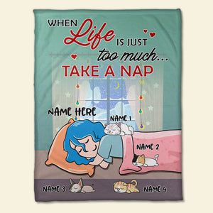 When Life Is Just Too Much Take A Nap, Personalized Cartoon Sleeping Girl & Cat Breeds Blanket - Blanket - GoDuckee