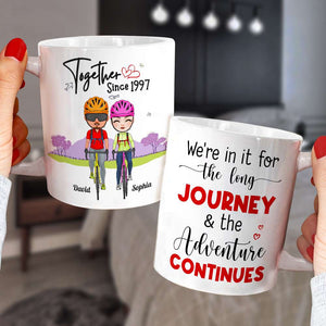 We're In It For The Long Journey & The Adventure Continues, Couple Cycling White Mug - Coffee Mug - GoDuckee