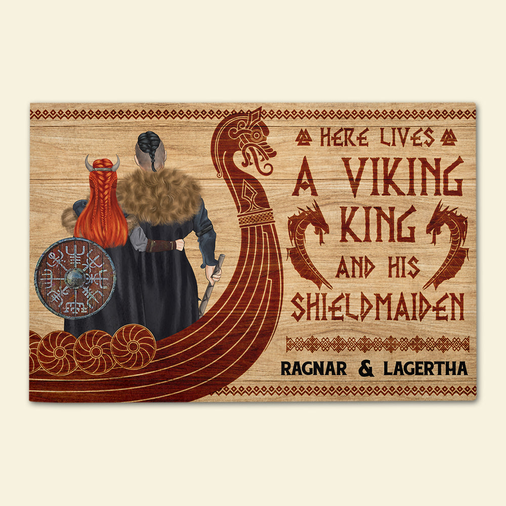 Personalized Viking Couple Doormat - Here Lives A Viking King and His Shield Maiden - Doormat - GoDuckee