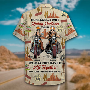 Personalized Motorcycle Couple Hawaiian Shirt - Husband & Wife, Riding Partners For Life - Hawaiian Shirts - GoDuckee