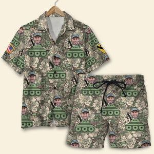 Custom Photo Hawaiian Shirt, Aloha Shirt and Mens Beach Shorts - Military Background - Hawaiian Shirts - GoDuckee