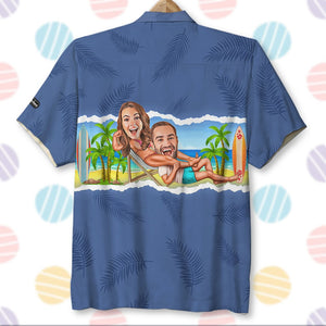 Couple And Beach Background - Custom Photo Hawaiian Shirt, Aloha Shirt and Men Beach Shorts - Hawaiian Shirts - GoDuckee