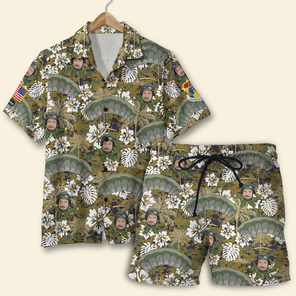 Custom Photo Hawaiian Shirt, Aloha Shirt and Mens Beach Shorts - Military Background - Hawaiian Shirts - GoDuckee