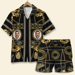 Golden Pattern with Custom Face Image ,Personalized Hawaiian Shirt and Men Beach Shorts, Summer Gifts - Hawaiian Shirts - GoDuckee