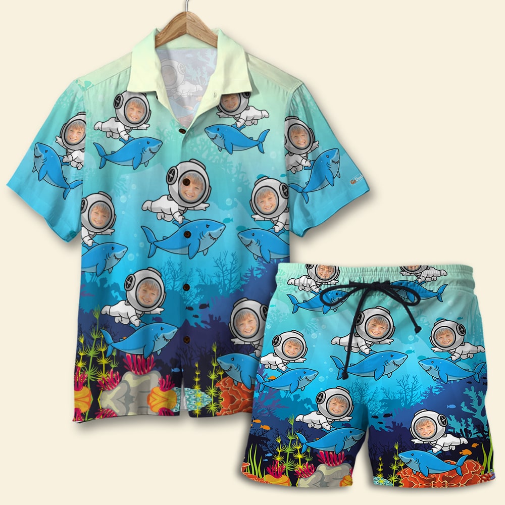 Scuba Diving Deep Blue Seas Meeting with Shark, Personalized Hawaiian Shirt and Men Beach Shorts, Gifts for Scuba Divers - Hawaiian Shirts - GoDuckee