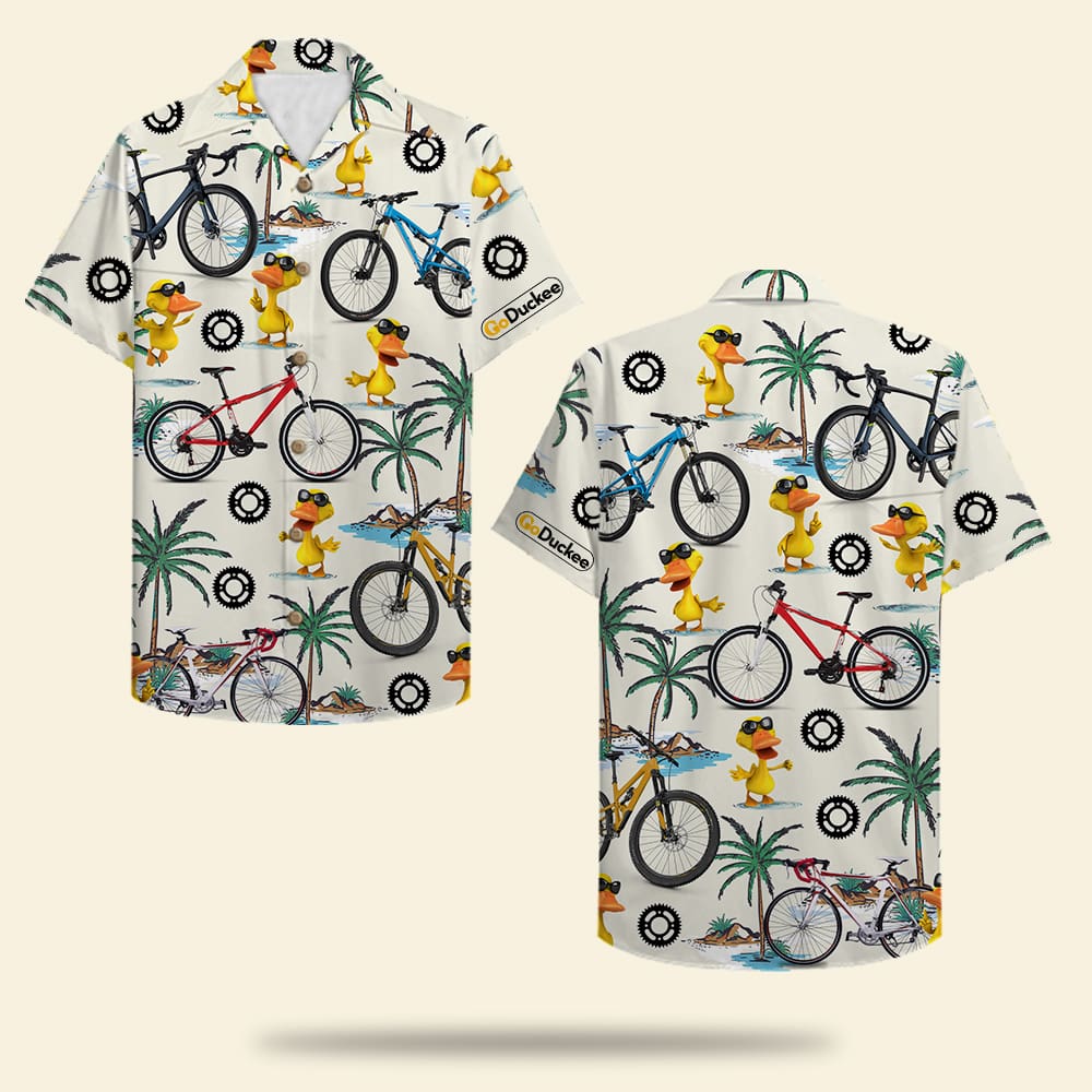 Cycling Duck Hawaiian Shirt - Bicycle & Duck Pattern - Hawaiian Shirts - GoDuckee