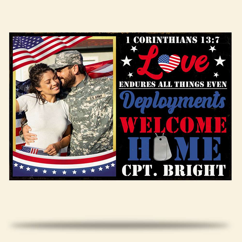 Military Love Endures All Things Even Deployments, Personalized Metal Sign With Upload Image - Metal Wall Art - GoDuckee