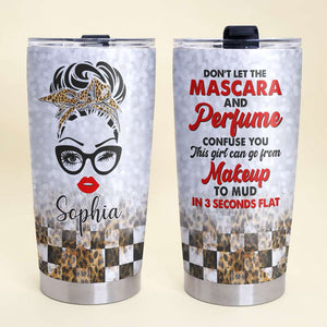 Personalized Racing Girl Tumbler - Don't Let Mascara And Perfume Confuse You - Leopard Checkered Pattern - Tumbler Cup - GoDuckee