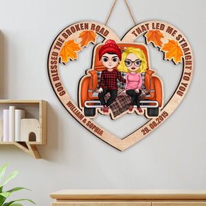 God Bless The Broken Road That Led Me Straight to You, Personalized Couple Wood Sign, Autumn Couple - Wood Sign - GoDuckee