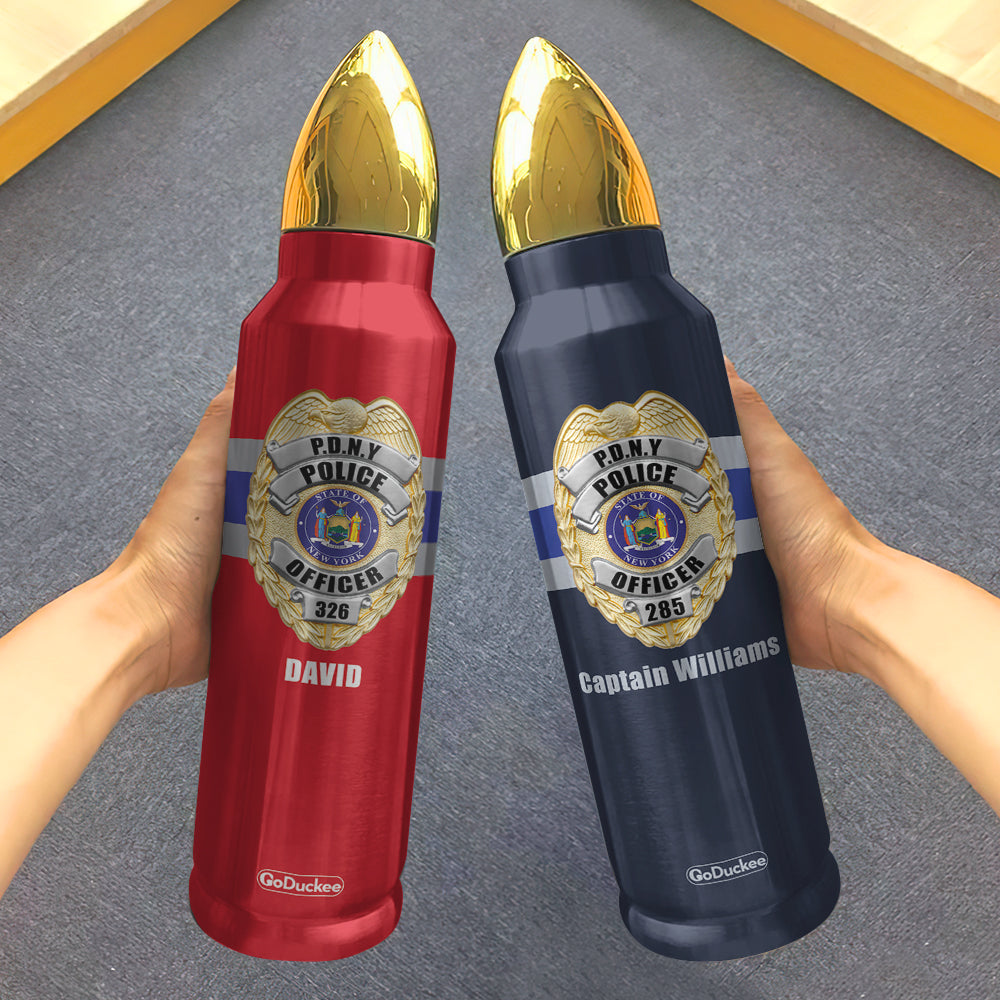 Police Bullet Tumbler - Custom State Seal Badge - Thin Blue Line Background - Water Bottles - GoDuckee