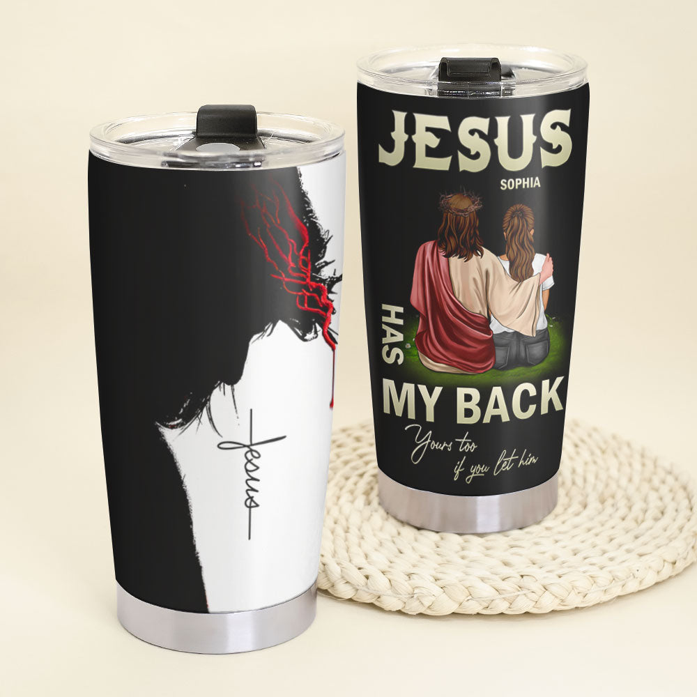 Personalized Jesus 20oz Tumbler Cup - Jesus Has My Back Yours Too If You Let Him - Girl Sitting With Jesus - Tumbler Cup - GoDuckee