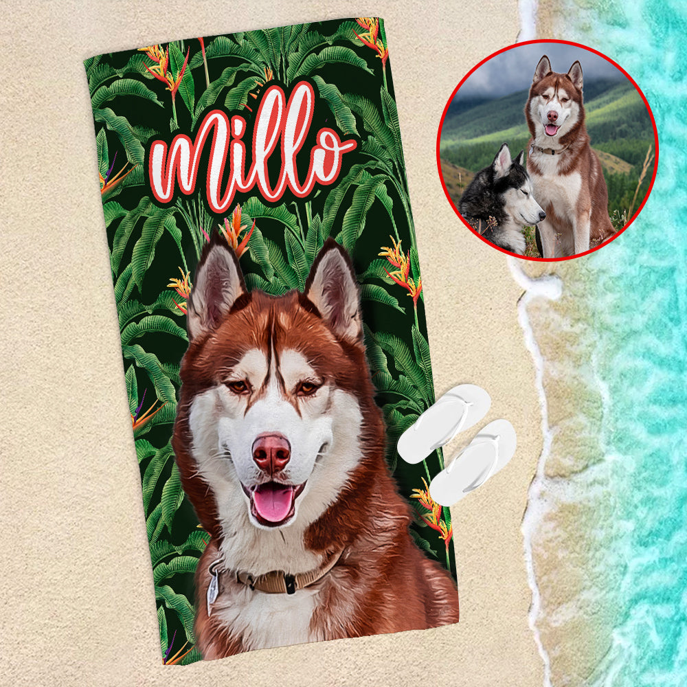 Custom Dog Photo Beach Towel - Floral & Flower Theme - Beach Towel - GoDuckee