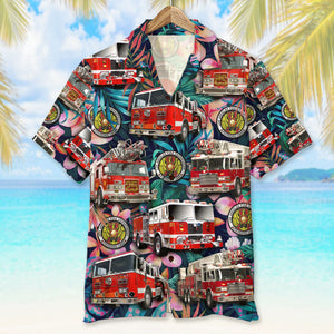 Custom Fire Engine Photo Hawaiian Shirt, Floral Pattern, Gift For Firefighter - Hawaiian Shirts - GoDuckee