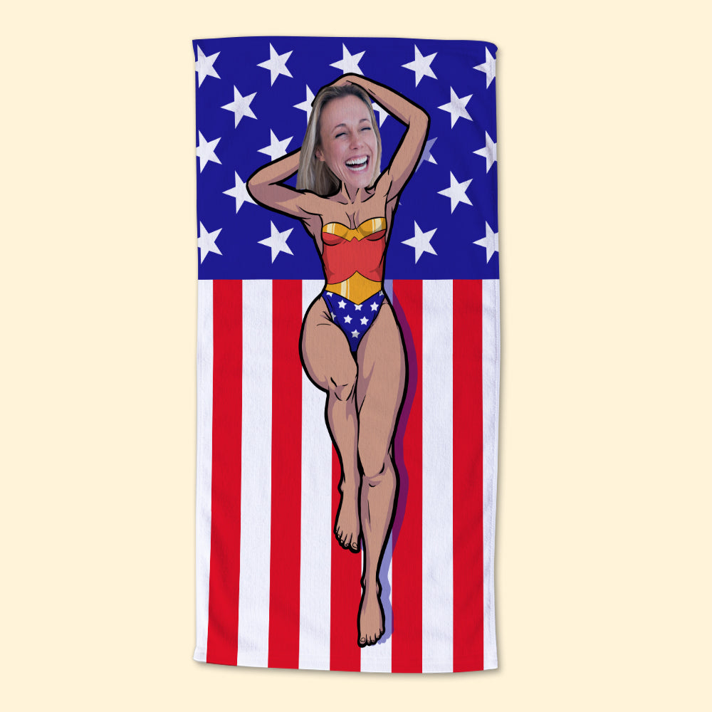 Wonder Body's Woman With American Flag Background - Custom Photo Beach Towel - Beach Towel - GoDuckee