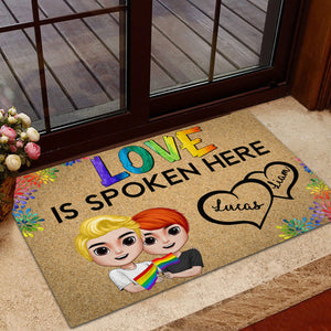 Love Is Spoken Here Personalized LGBT Couple Door Mat Gift For Couple - Doormat - GoDuckee
