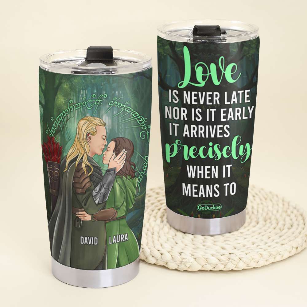 Personalized LOTR Couple Tumbler - Love Is Never Late Nor Is It Early- Couple Hugging and Kissing - J. R. R. Tolkien - Tumbler Cup - GoDuckee