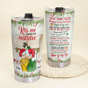 Kiss Me Under The Mistletoe, Kissing Couple Personalized Tumbler - Tumbler Cup - GoDuckee