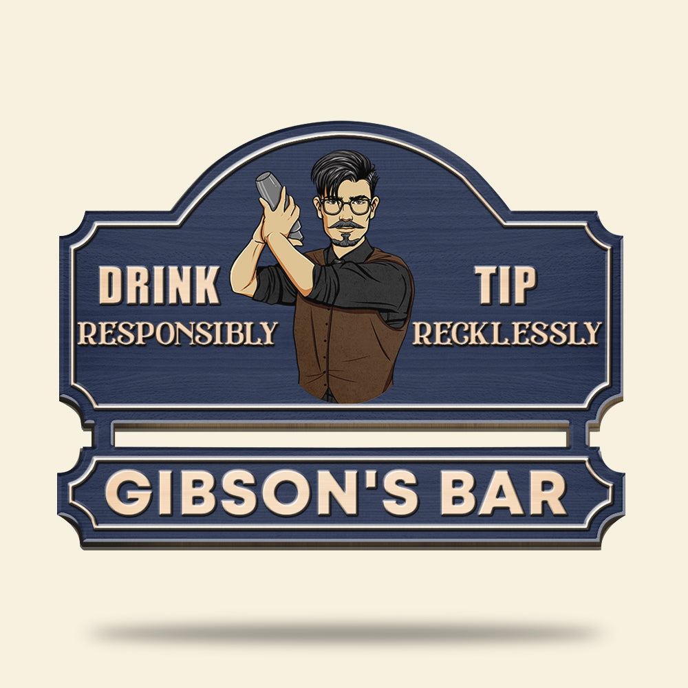 Bartender Drink Responsibly Tip Recklessly - Personalized 3D 2-Layered Wood Art - Gift for Bartenders - Wood Sign - GoDuckee