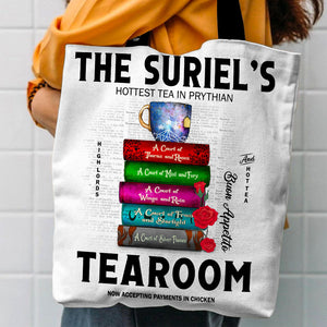 S. J. M Author Tote Bag - The Suriel's Tearoom Hottest Tea In Prythian - Book Spines And Roses - Tote Bag - GoDuckee